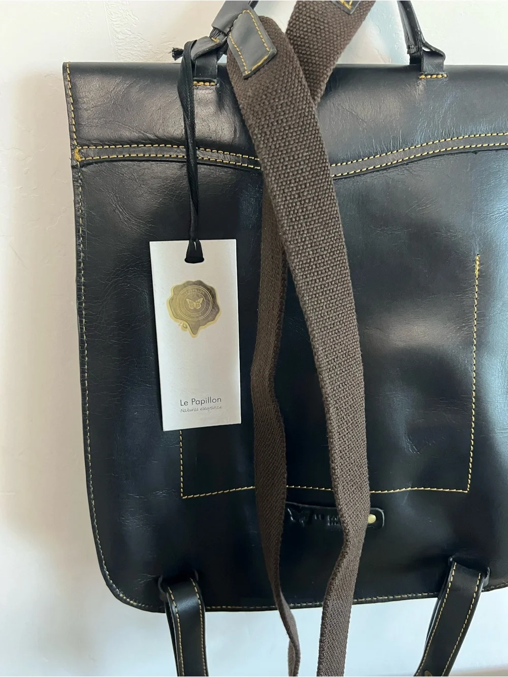 Classic Black Leather Travel Backpack with Brass Buckle Womens